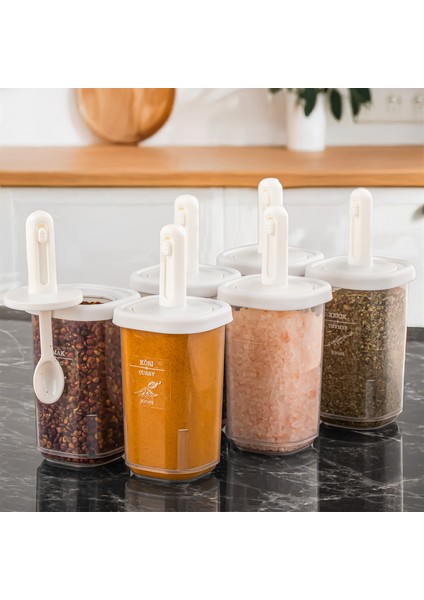 4360 6lı Kaydırmalı Kendinden Kaşıklı Sızdırmaz Kapaklı Etiketli Baharatlık Seti - Saklama Kabı