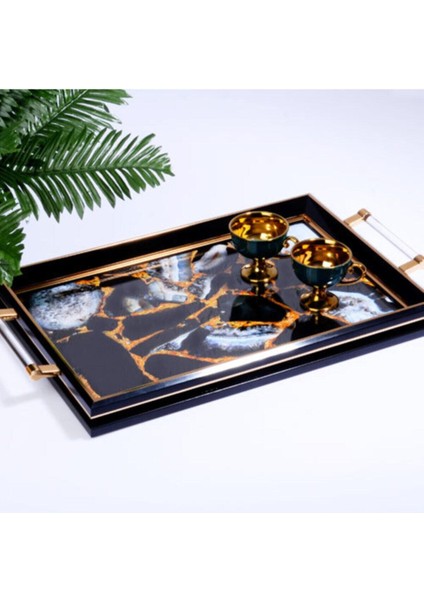 202 Cam Akrilik Dikdörtgen Tepsi Siyah 50CM*31CM