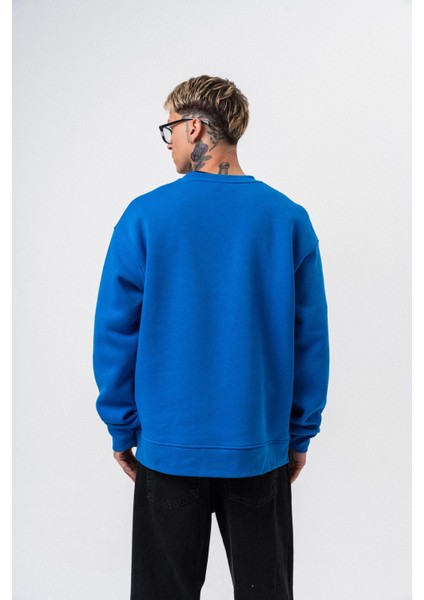 Erkek Respire Yazı Detaylı Basic Oversize Sweatshirt Mavi modelleri