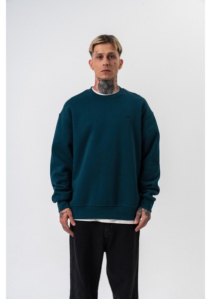 Erkek Respire Yazı Detaylı Basic Oversize Sweatshirt Zümrüt
