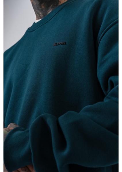 Erkek Respire Yazı Detaylı Basic Oversize Sweatshirt Zümrüt fırsatları