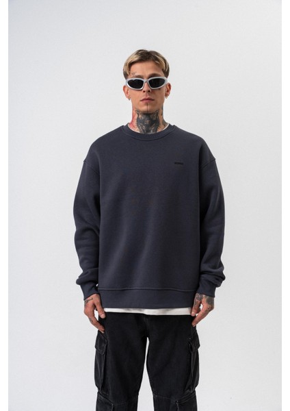 Erkek Respire Yazı Detaylı Basic Oversize Sweatshirt Füme
