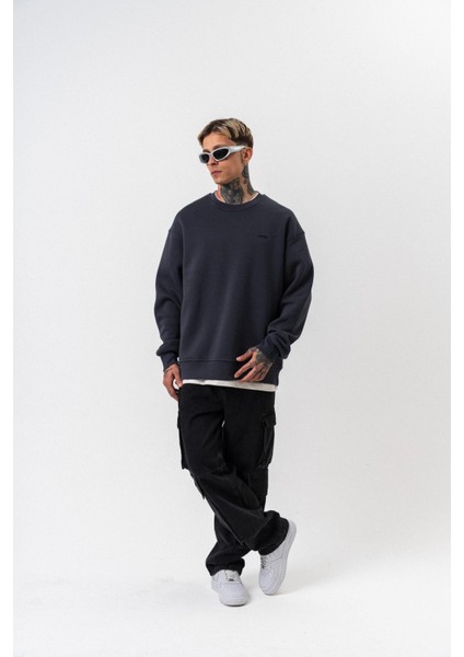 Erkek Respire Yazı Detaylı Basic Oversize Sweatshirt Füme indirimleri