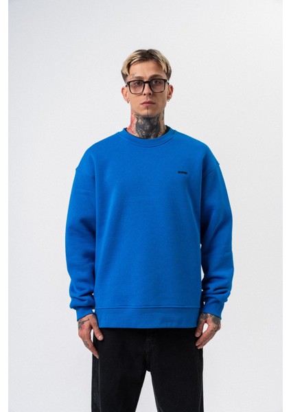 Erkek Respire Yazı Detaylı Basic Oversize Sweatshirt Mavi