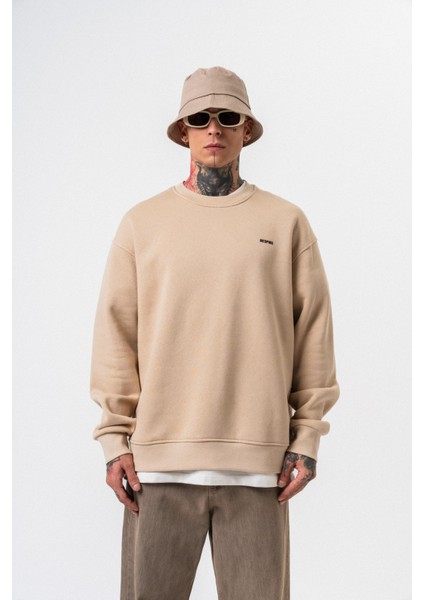 Erkek Respire Yazı Detaylı Basic Oversize Sweatshirt Bej