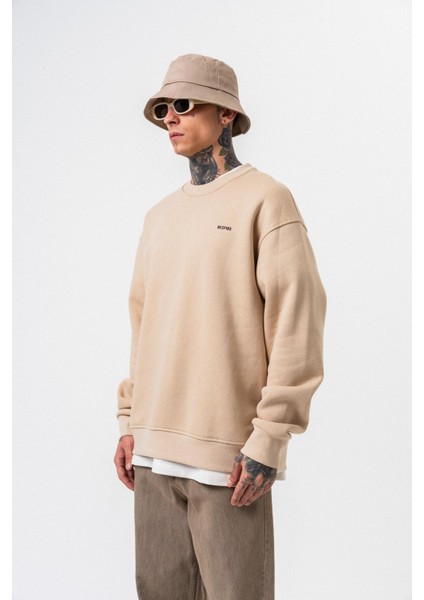 Erkek Respire Yazı Detaylı Basic Oversize Sweatshirt Bej fiyatları