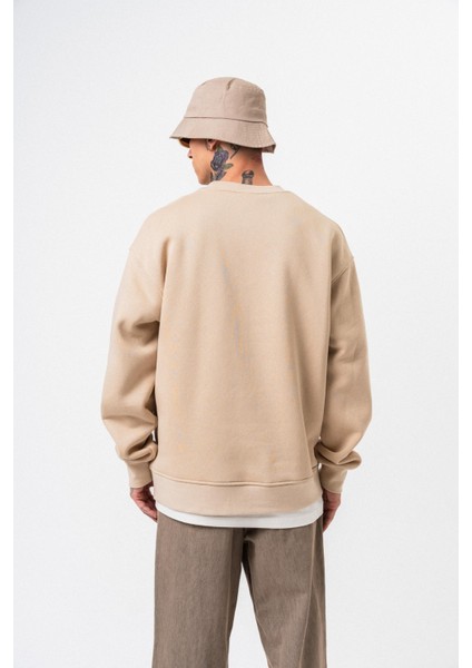 Erkek Respire Yazı Detaylı Basic Oversize Sweatshirt Bej modelleri