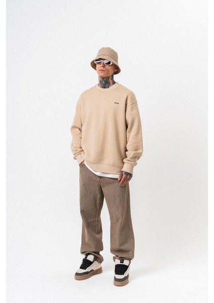 Erkek Respire Yazı Detaylı Basic Oversize Sweatshirt Bej indirimleri
