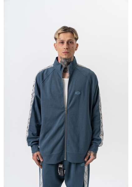 Erkek Damask Şerit Detaylı Dik Yaka Doubleface Zip Oversize Sweatshirt Petrol