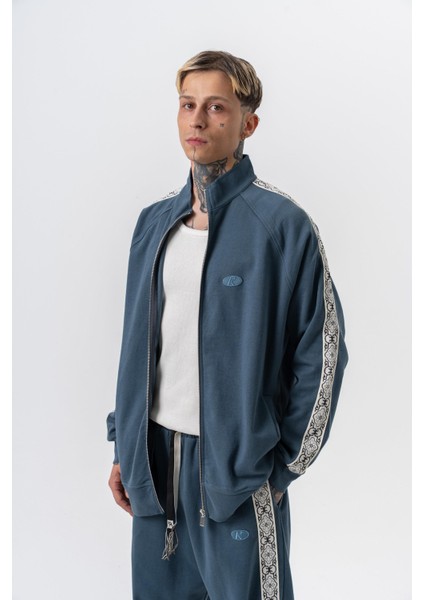 Erkek Damask Şerit Detaylı Dik Yaka Doubleface Zip Oversize Sweatshirt Petrol fiyatları