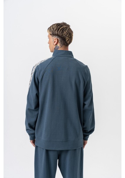 Erkek Damask Şerit Detaylı Dik Yaka Doubleface Zip Oversize Sweatshirt Petrol modelleri