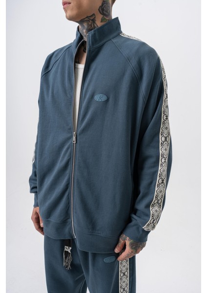 Erkek Damask Şerit Detaylı Dik Yaka Doubleface Zip Oversize Sweatshirt Petrol fırsatları