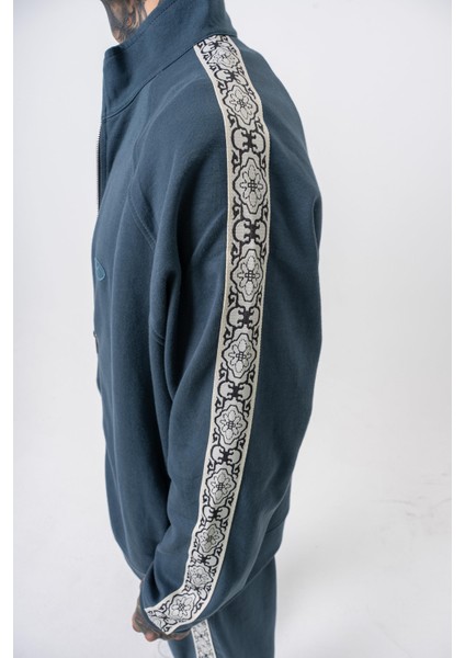 Erkek Damask Şerit Detaylı Dik Yaka Doubleface Zip Oversize Sweatshirt Petrol indirimleri