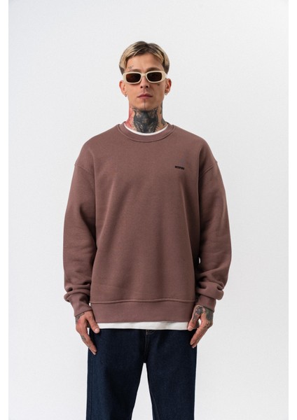 Erkek Respire Yazı Detaylı Basic Oversize Sweatshirt Kakao