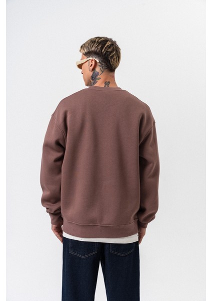Erkek Respire Yazı Detaylı Basic Oversize Sweatshirt Kakao modelleri