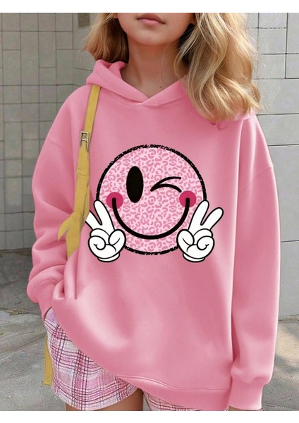 Kız Çocuk Pembe Kapüşonlu Sweatshirt – Emoji Baskılı, Rahat Oversize