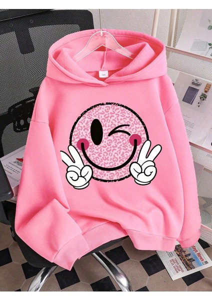Kız Çocuk Pembe Kapüşonlu Sweatshirt – Emoji Baskılı, Rahat Oversize fiyatları
