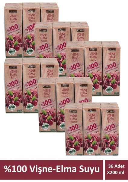 Vişne Elma Suyu %100 Meyve Suyu Oranı Şeker Ilavesiz 36 Adet x 200 ml
