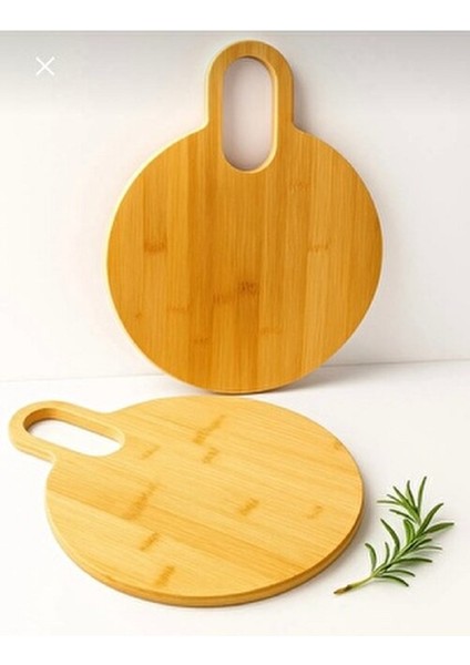 Yuvarlak Ahşap Bambu Kesim Panosu - Kesme Tahtası Saplı = 28 x 35 cm