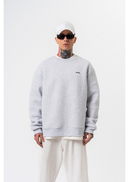 Erkek Respire Yazı Detaylı Basic Oversize Sweatshirt Kar Melanj