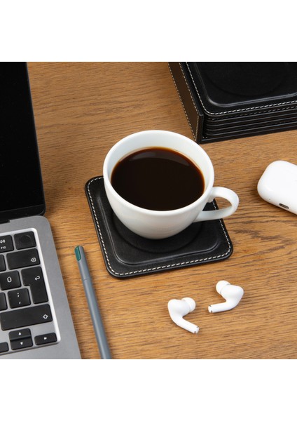 Bardak Altlığı,6’lı Set,masaüstü Yuvarlak Cup Coaster,vegan Suni DERI,11X11 Cm.,siyah