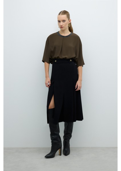 Yırtmaç Detaylı Midi Boy Etek Siyah K2615031_001