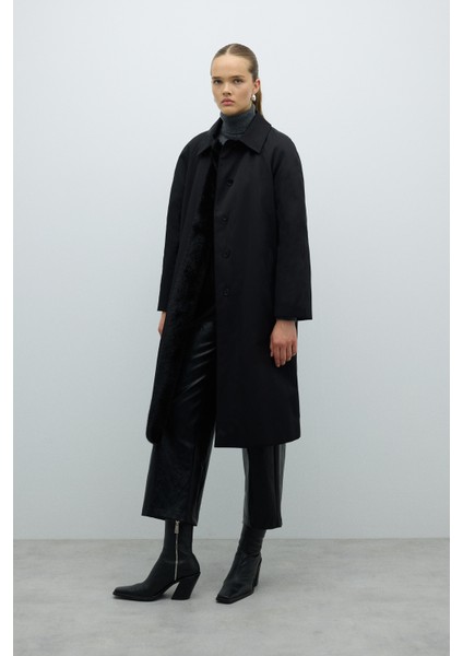 Kürk Detaylı Beli Kemerli Pardesü Siyah K2618301_001