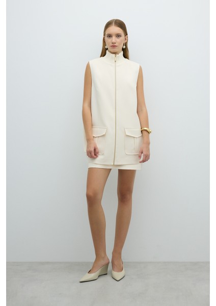 Ribana Yaka Çift Cepli Yelek Ekru K2617017_049