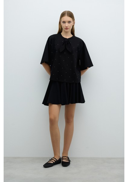 Bisiklet Yaka Fiyonk Taş Baskılı T-Shirt Siyah K2623843_001 indirimleri