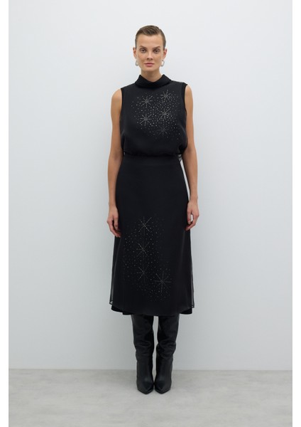 Taş Baskılı Midi Boy Etek Siyah K2615007_001