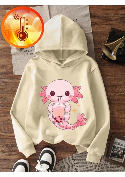 Ekru Sevimli Aksolotl ve Bubble Tea Baskılı Kız Çocuk Sweatshirt Rahat Kalıp