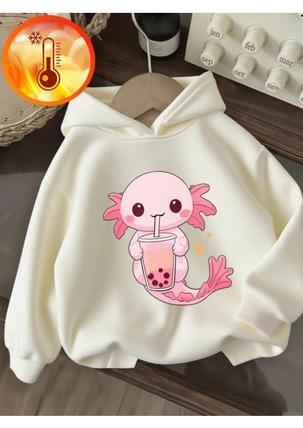 Ekru Sevimli Aksolotl ve Bubble Tea Baskılı Kız Çocuk Sweatshirt Rahat Kalıp fiyatları
