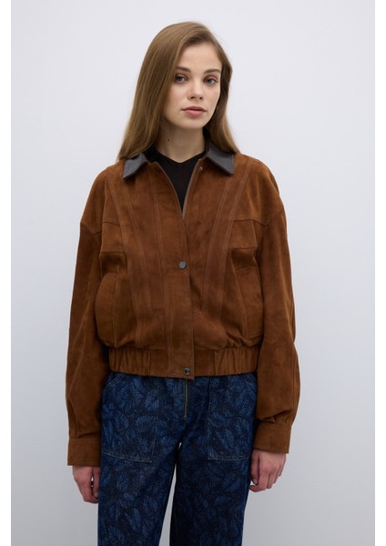 %100 Deri Fermuar ve Çıtçıt Detaylı Mont Taba Y2551002_022