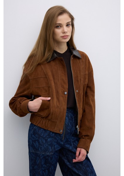 %100 Deri Fermuar ve Çıtçıt Detaylı Mont Taba Y2551002_022 fırsatları