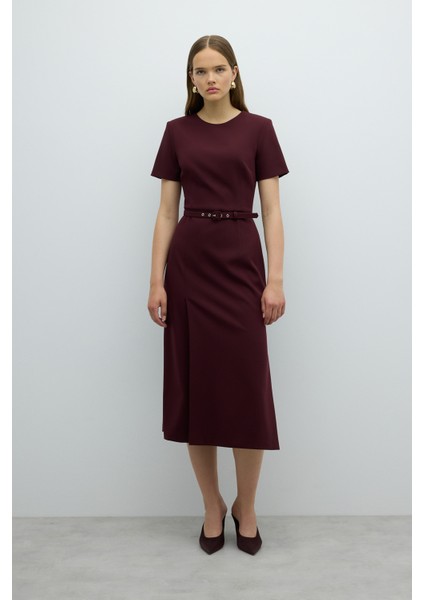 Beli Kemerli Vatka ve Yırtmaç Detaylı Midi Elbise K. Bordo K2611012_654