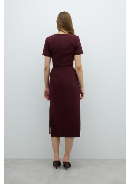 Beli Kemerli Vatka ve Yırtmaç Detaylı Midi Elbise K. Bordo K2611012_654 fiyatları