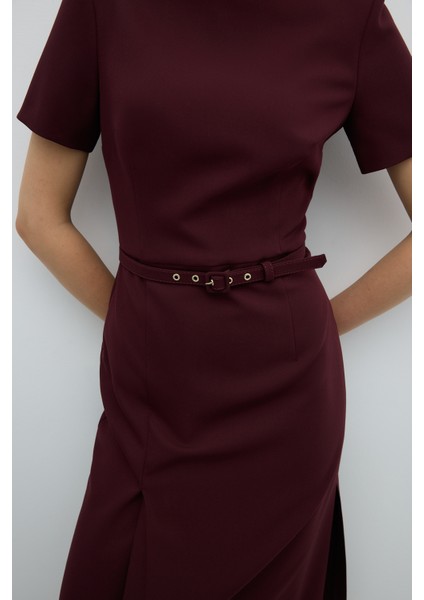Beli Kemerli Vatka ve Yırtmaç Detaylı Midi Elbise K. Bordo K2611012_654 modelleri
