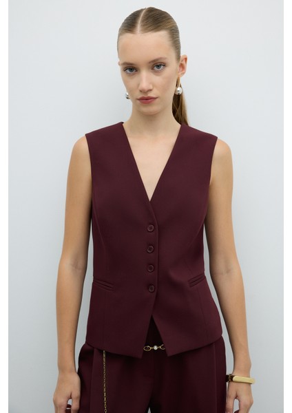 V Yaka Önü Düğmeli Yelek Bordo K2617021_008