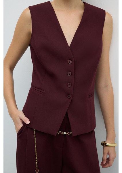 V Yaka Önü Düğmeli Yelek Bordo K2617021_008 fırsatları