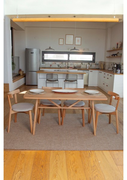 6 Kişilik Slim Masif Kayın Ahşap Masa Takımı, 6 Adet ARC Kayın Sandalye - Bej 150x80