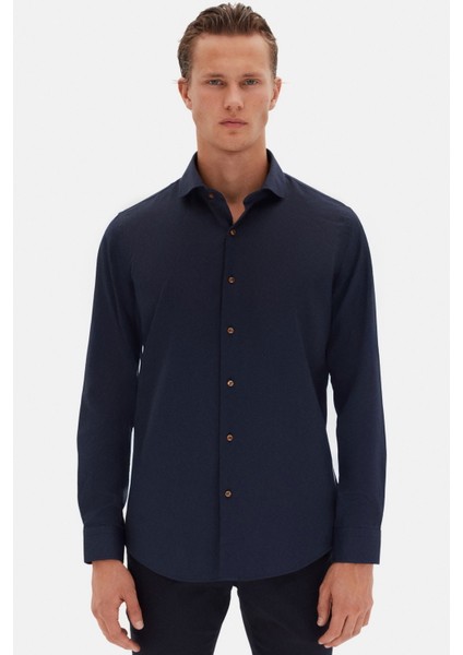 Slim Fit Koyu Lacivert Italyan Yaka Armürlü Uzun Kollu Kolay Ütülenebilir Nefes Alan Dört Mevsim Gömlek 2HF02ORT3185