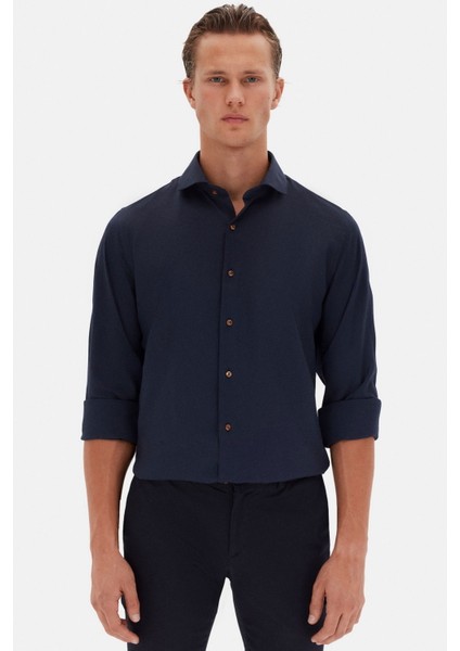 Slim Fit Koyu Lacivert Italyan Yaka Armürlü Uzun Kollu Kolay Ütülenebilir Nefes Alan Dört Mevsim Gömlek 2HF02ORT3185 fiyatları