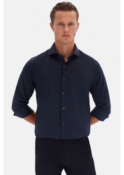 Slim Fit Koyu Lacivert Italyan Yaka Armürlü Uzun Kollu Kolay Ütülenebilir Nefes Alan Dört Mevsim Gömlek 2HF02ORT3185 modelleri