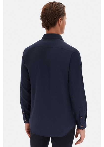 Slim Fit Koyu Lacivert Italyan Yaka Armürlü Uzun Kollu Kolay Ütülenebilir Nefes Alan Dört Mevsim Gömlek 2HF02ORT3185 fırsatları