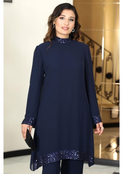 Umay Şifon Tunik Pantolon Takım Lacivert TBSELB68