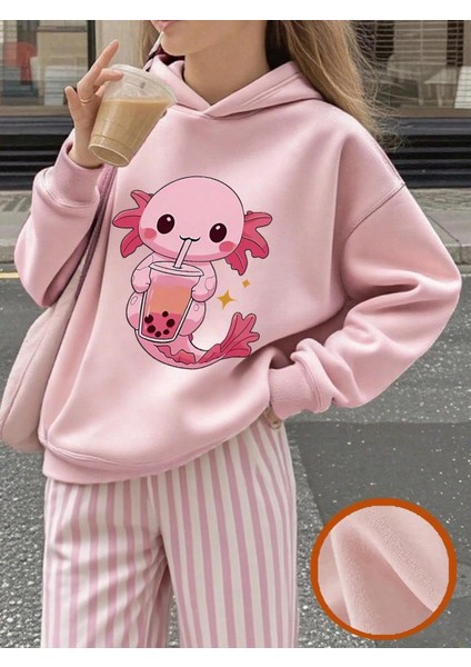 Pembe Sevimli Aksolotl ve Bubble Tea Baskılı Kız Çocuk Sweatshirt Rahat Kalıp