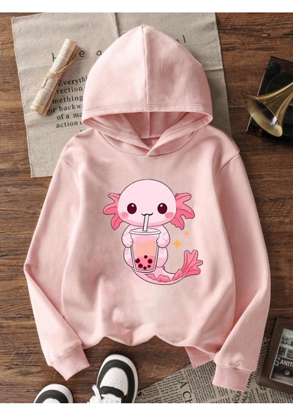 Pembe Sevimli Aksolotl ve Bubble Tea Baskılı Kız Çocuk Sweatshirt Rahat Kalıp fiyatları