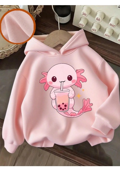Pembe Sevimli Aksolotl ve Bubble Tea Baskılı Kız Çocuk Sweatshirt Rahat Kalıp modelleri