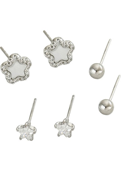 EH4591-7 Gümüş Beş Köşeli Yıldız Zirkon Taşlı Küpe - 3 Çift (Yurt Dışından)