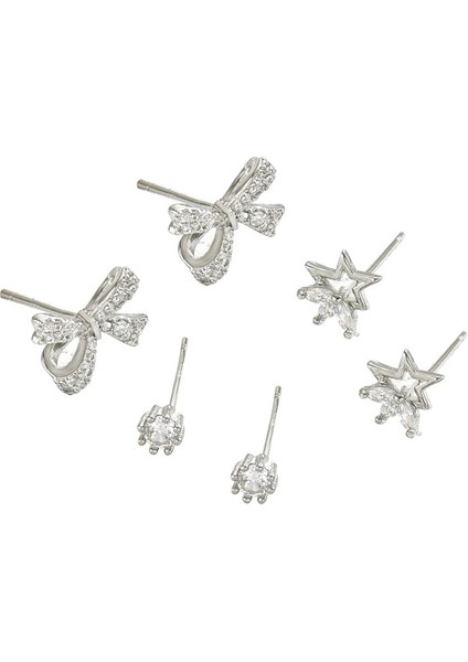 EH4591-6 Gümüş Kelebek Yıldız Şeklinde Zirkonyum Küpe - 3 Çift (Yurt Dışından)